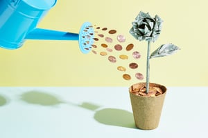 The Stock Market vs. Bitcoin, Fine Art, and Trading Cards 4 A rendering of a watering can shooting coins into a plant that sprouts a flower made of cash.